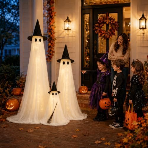 halloween decorations outdoor 3 pack lighted ghost-family with, front angle view