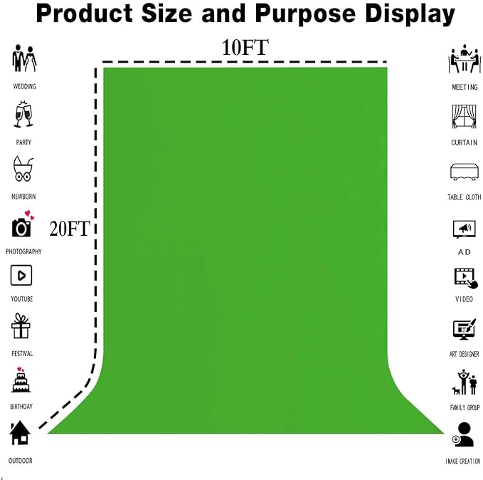 10x20FT Large Green Screen Backdrop Solid Color Photography Background Studio Photo Props