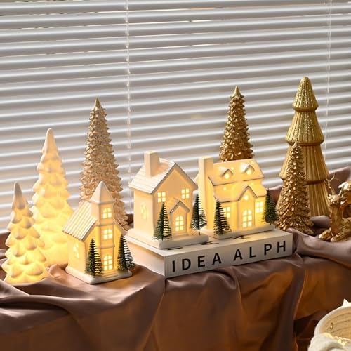 ceramic white christmas village houses, light up porcelain showing dimensions