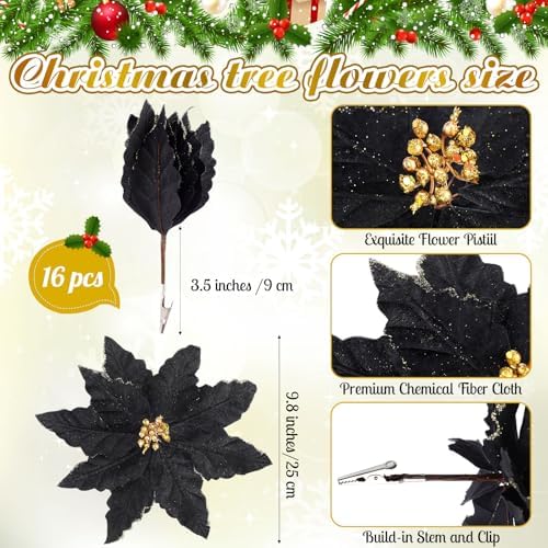 thiccywoov 16 pcs 9.8" black poinsettia christmas ornaments shown in use