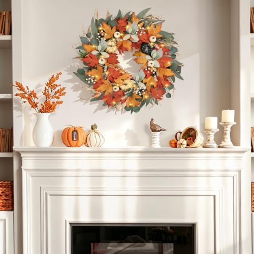 realistic fall wreath with lights/timer 24 inch fall on a desk or shelf