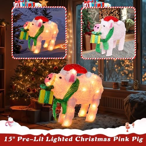 15" lighted christmas pig, 3d pre‑lit indoor outdoor, side view
