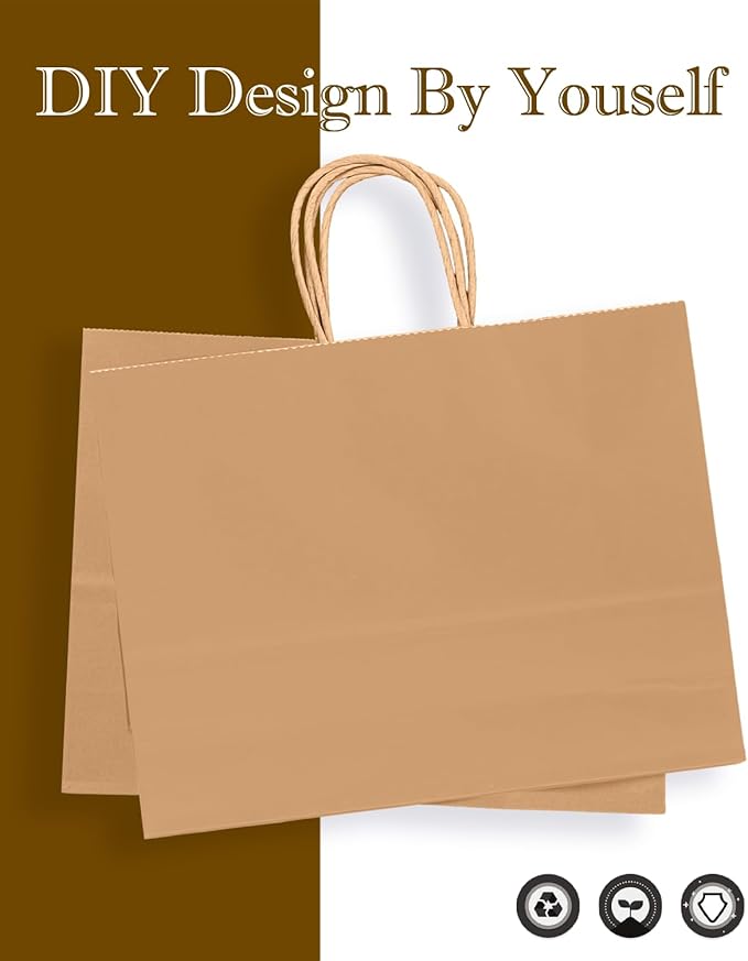 qiqee 50-Packs Brown Paper Gift Bags with Handles Bulk 12.6"x4.3"x10" Wide Large Size Party Favor Bags Multiple Uses