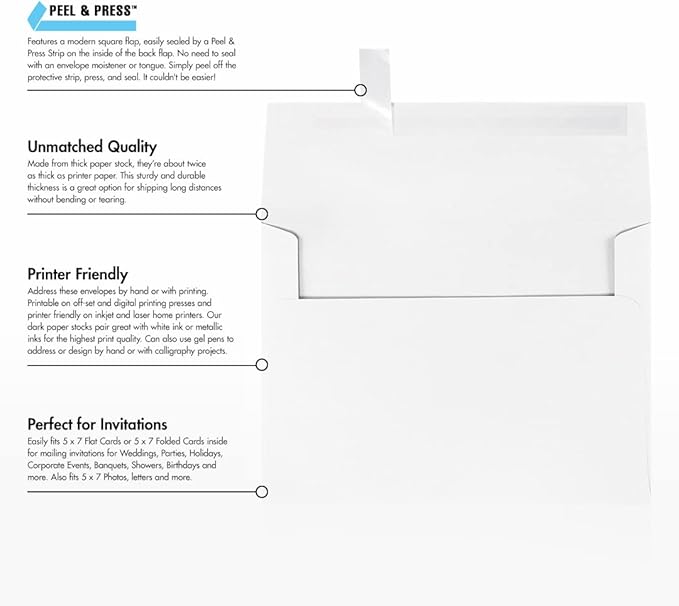 LUXPaper A7 Invitation Envelopes | Peel & Press | 5 1/4" x 7 1/4" | White | 80lb. Text | 100% Recycled | 50 Qty