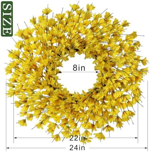 24" artificial yellow forsythia flower wreath for front showing dimensions