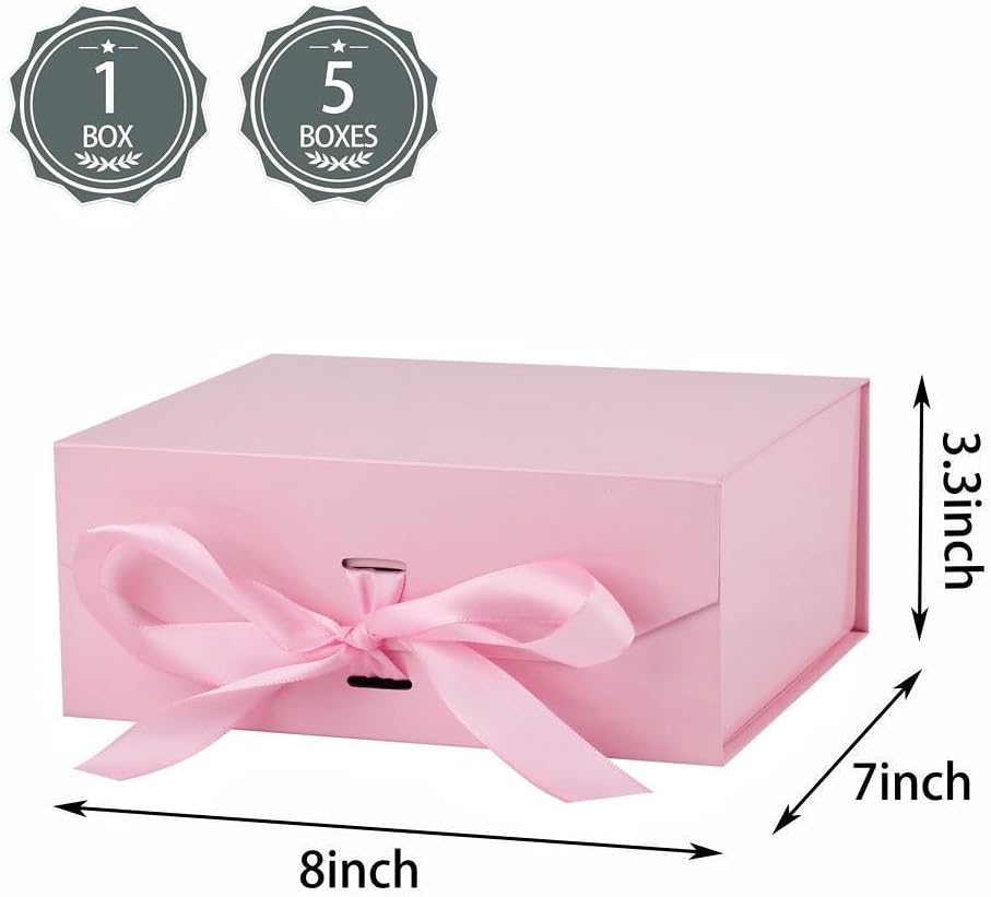 GoooodGift Pink Gift Box with Ribbon 1 Pcs 8x7X3.3 Inch Small Gift Box with Lid Magnetic Closure Rectangle Collapsible Luxury Gift Boxes for Mother's Day、Birthdays、Shredded Paper Filler