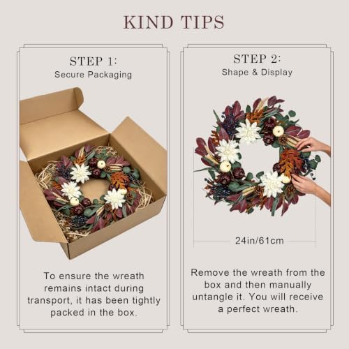 24 inch fall wreath for front door, autumn, package contents