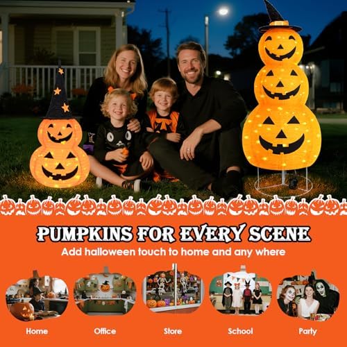 halloween pumpkin decorations, battery operated pre-lit collapsible jack-o-lantern, front angle view
