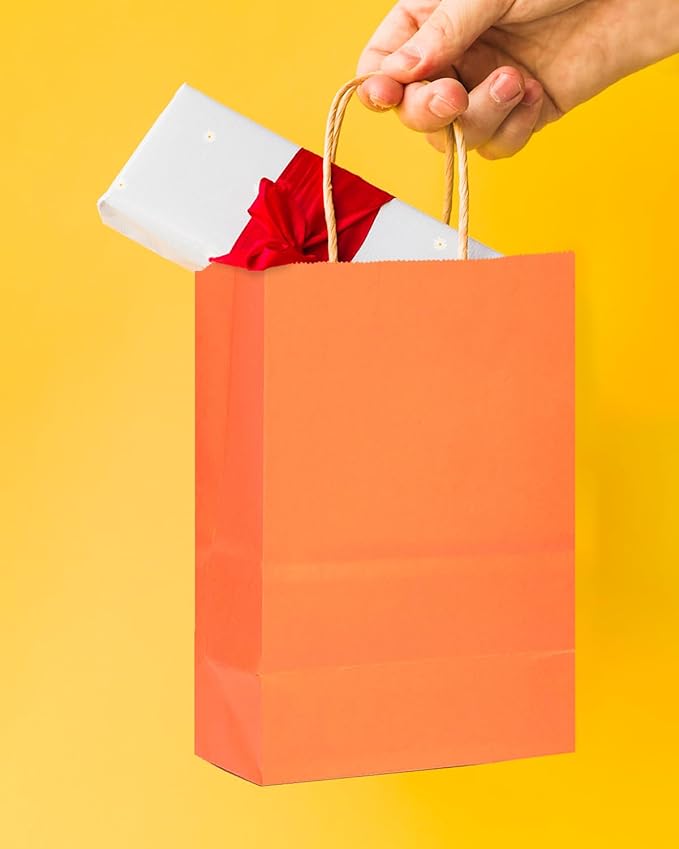 qiqee 24 Pcs Orange Mini Paper Gift Bags with Handles 6"x4.5"x2.5" Small Brown Kraft Party Favor Bags Treat Bags Multiple Uses (Mini size)