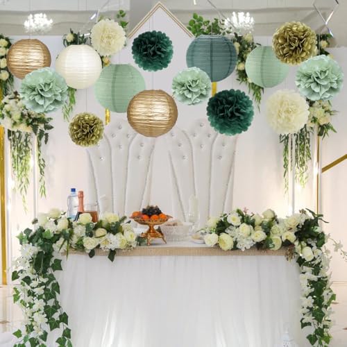 Sage Green Party Decorations, Paper Lanterns and Pom Poms Flowers for Birthday Party Baby Shower Wedding Shower Decor Gold/Ivory/Sage Green 15pcs