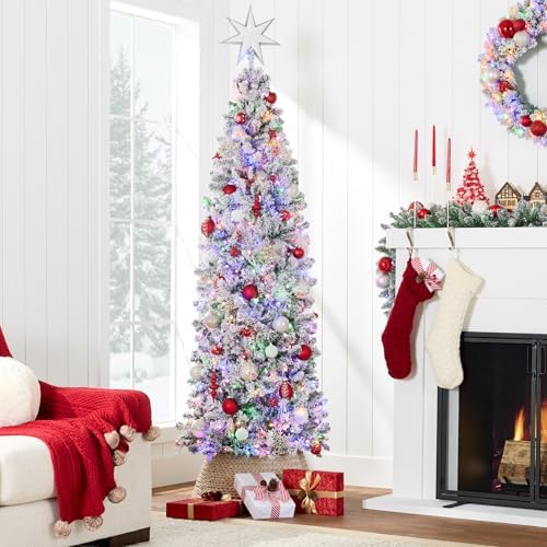 best choice products flocked pencil christmas tree, pre-lit, close-up detail