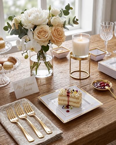bucla 100pcs gold square plastic plates - 6inch shown in use