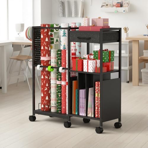 wrapping paper storage cart, rolling gift wrap station, front angle view