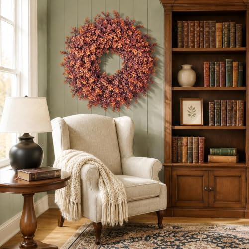 24" artificial fall boxwood wreath for front door, side view