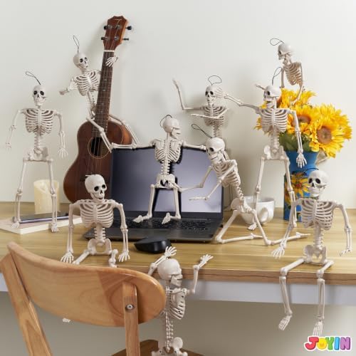 JOYIN 5 PCS Posable Halloween Skeleton Decor 16 Inches, Full Body Posable Joints Hanging Skeletons for Halloween Decorations, Graveyard Props, Haunted House Accessories, Spooky Scene Party Favors