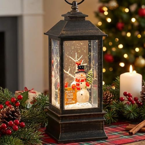 christmas snow globe lantern, snowman & red cardinal on a desk or shelf