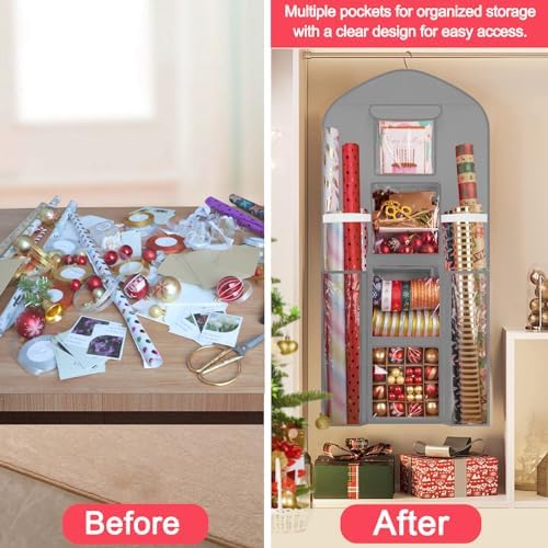 hanging wrapping paper organizer storage, over door gift, package contents