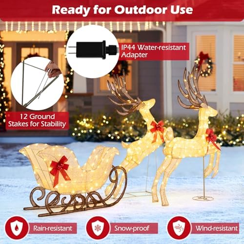 tangkula 3-piece christmas lighted reindeer & sleigh set on a desk or shelf