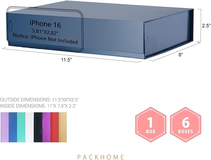 PACKHOME 6 Gift Boxes 11.5x8x2.5 Inches, Sturdy Shirt Boxes with Magnetic Lids for Multiple Occasions (Glossy Blue)