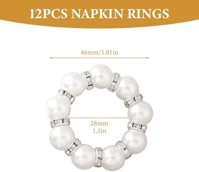 12Pcs Pearl Napkin Rings, Round Napkin Buckles Wedding Beaded White Napkin Rings Silver Napkin Ring Holder for Formal Dinner Reception Party Banquet Table Decor (Sliver)