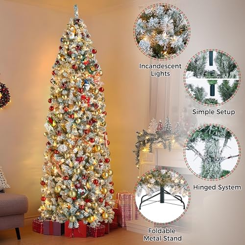 yaheetech 9ft pre-lit snow flocked pencil christmas tree, close-up detail