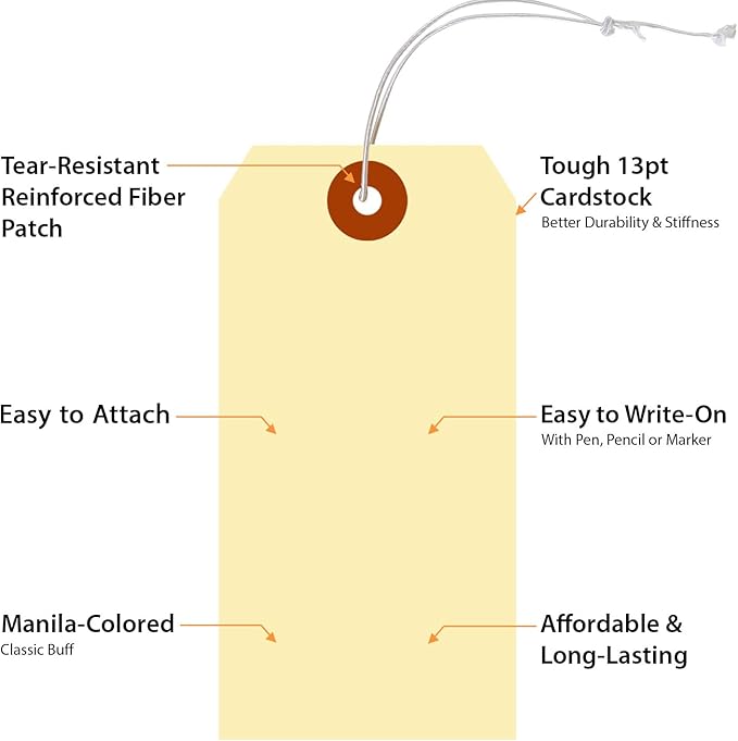 SmartSign Blank Manila Shipping Tags with Elastic Strings - Pack of 100, Size-5, 13pt Thick Pre-Strung Cardstock Tag, 4.75 x 2.375 inch, Paper Hang Tags with Reinforced Fiber Patch, Made in USA