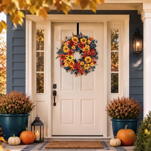 blosmon 24in fall wreaths for front door, sunflower, side view