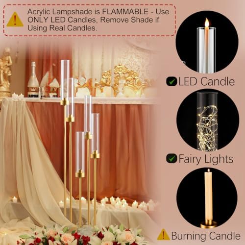 2PCS Gold Floor Candelabra,5 Arm Candle Holder Tall Floor Candle Holder with Acrylic Lampshade for Wedding Table Birthday Party Home Decoration Fit LED Taper Candles