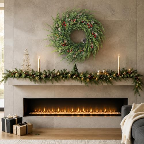 24" artificial christmas cedar wreath with berry for, close-up detail