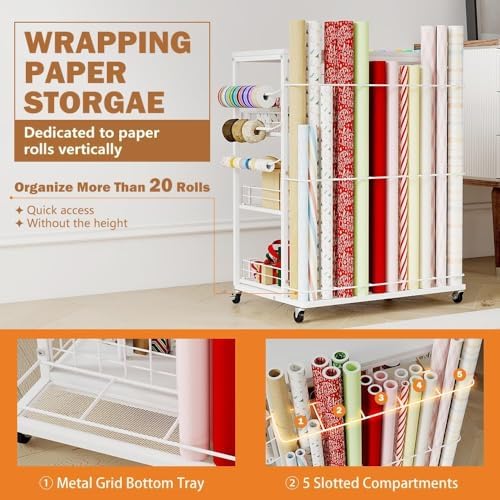 wrapping paper organizer storage with wheels, rolling gift on a desk or shelf