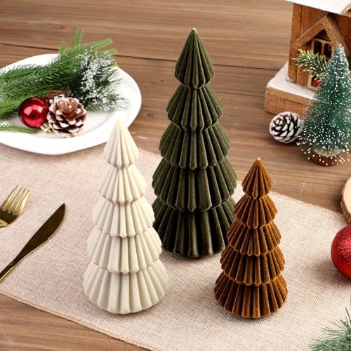 set of 3 velvet ceramic christmas tree decor showing dimensions