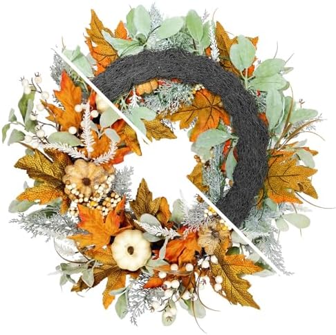 24in pre-lit front door fall wreath,for thanksgiving home, side view