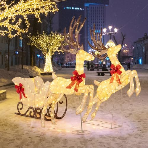 tangkula 3-piece christmas lighted reindeer & sleigh set shown in use