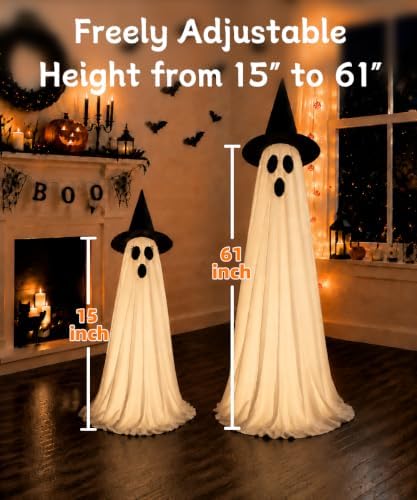 lighted halloween ghost decorations with remote & timer shown in use
