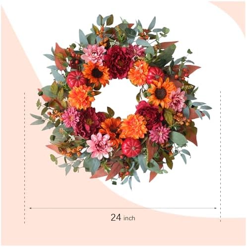 24" fall flower wreath with sunflowers peony pumpkins on a desk or shelf
