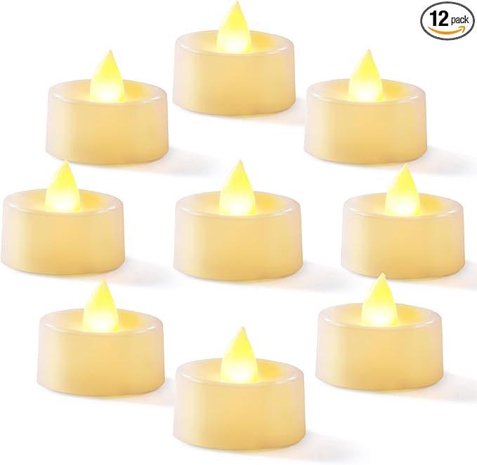 Homemory 12-Pack Flameless LED Tea Lights Candles Battery Operated, 200+Hour Fake Electric Candles TeaLights for Votive, Halloween, Ofrenda, Diya, Wedding Centerpiece Table Decor, Funeral, Christmas