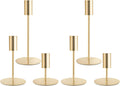 Gold Candlestick Holders, Taper Candle Holders, Set of 6, 3 Heights | Modern metal table decor with stable round bases for wedding centerpieces, dining tables, mantels, parties, and home decor