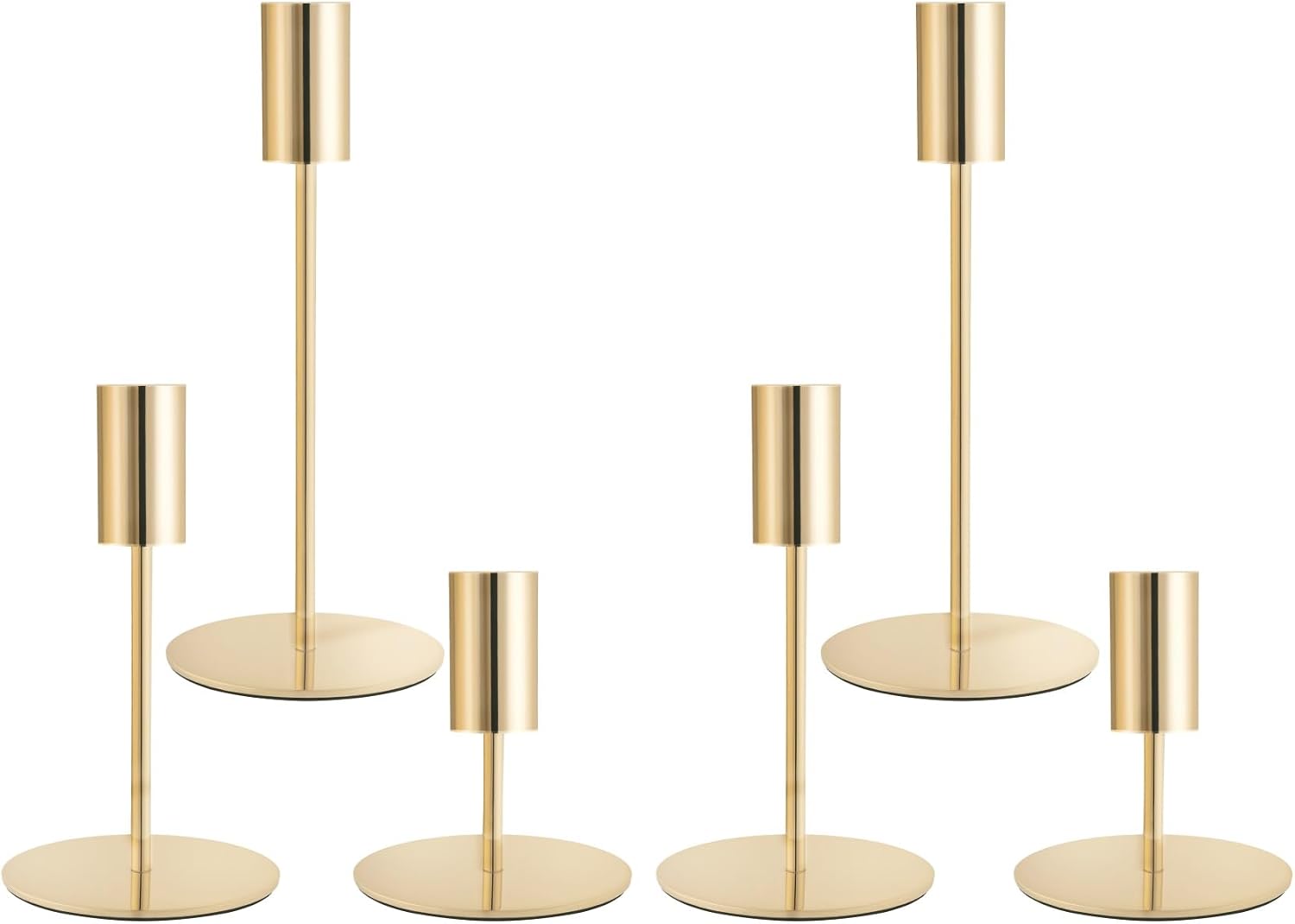 Gold Candlestick Holders, Taper Candle Holders, Set of 6, 3 Heights | Modern metal table decor with stable round bases for wedding centerpieces, dining tables, mantels, parties, and home decor