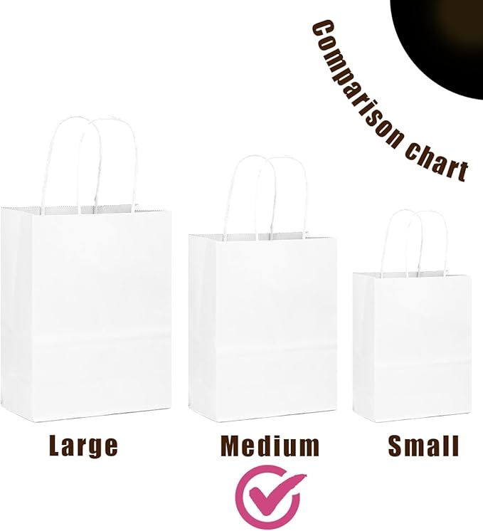 qiqee 50-Packs White Paper Gift Bags with Handles Bulk 11"x8.3"x4.3" Medium Size Paper Bags Multiple Uses