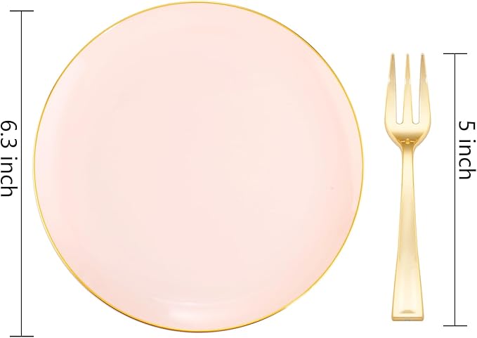 Festiva 200Pcs Pink Gold Cake Plates 6.3" with Forks 5"- Disposable Salad Plates-Pink Dessert Plates-Appetizer Plastic Plates - include 100Plates 100Forks for Party&Wedding&Easter&Mother's Day