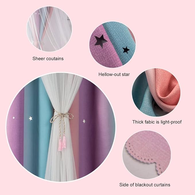 FANLI Ombre Rainbow Blackout Curtains for Kid Girls Bedroom Living Room Darking Stripe Double Layer Star Cut Out Wall Home Decor Gradient Grommet Window Curtains (Pink Purple, 52W x 63L)