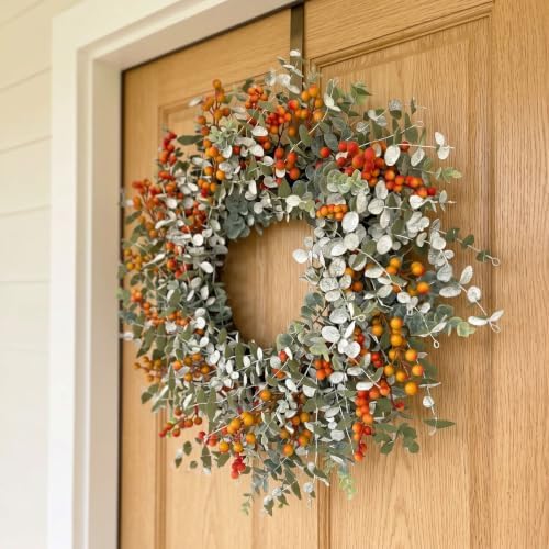 24" fall eucalyptus boxwood wreath, orange berries front, package contents