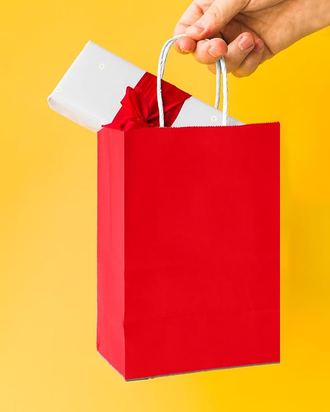 Bakepacker 100 Pcs Red Mini Paper Gift Bags with Handles 6"x4.5"x2.5" Party Favor Bags Multiple Uses (Mini size)
