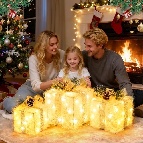 unusroom set of 3 christmas lighted gift boxes,outdoor shown in use