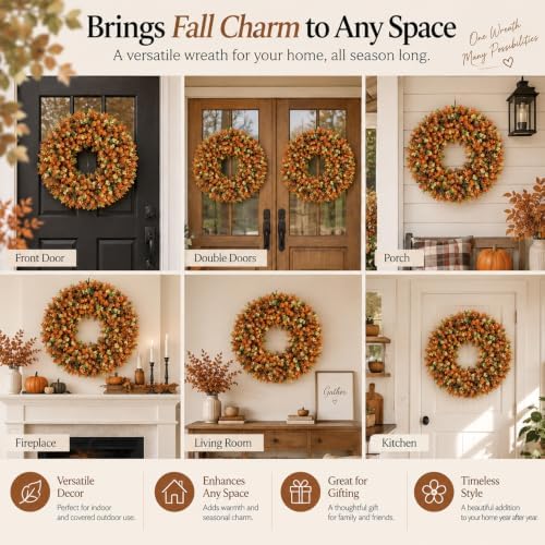 fall wreaths for front door, 24 inch faux on a desk or shelf
