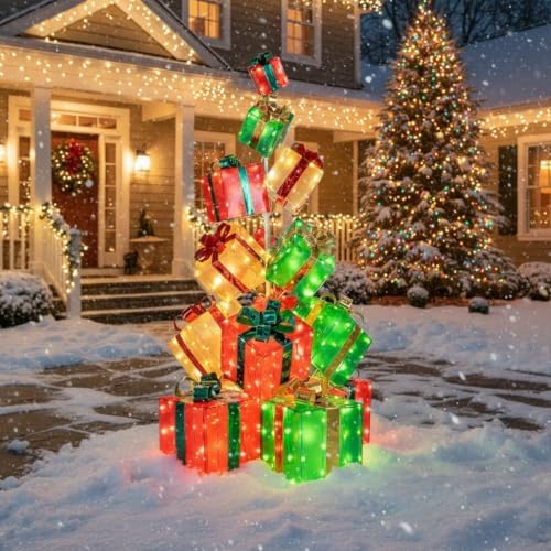 tangkula 5.6 ft christmas lighted gift box tower, close-up detail
