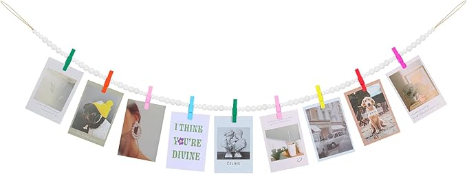 Hanging Photo Display Wall Decor, Wooden Bead Garland Collage Picture Frame with 9 Different Random Colors Wood Clips for Boho Bedroom, Living Room, Office, Dorm Decor