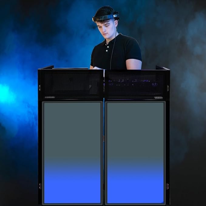 LUCKUP Portable DJ Booth 41"L x 20"W DJ Facade with White & Black Scrim, Foldable DJ Table Station with Adjustable Feet for Party, Black Metal Frame
