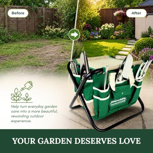 gardenhome 7-piece garden tool set with folding stool, front angle view