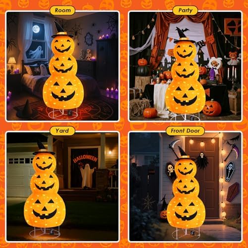 halloween pumpkin decorations, battery operated pre-lit collapsible jack-o-lantern, view 9